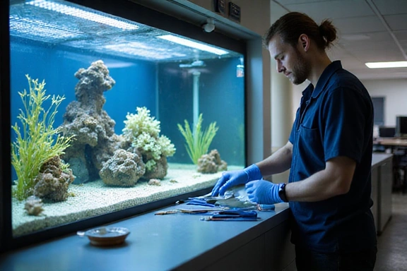 Aquarium technician performing maintenance on a large office aquarium