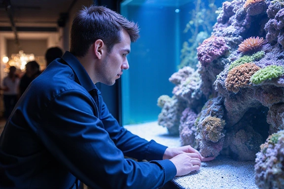 Expert aquarist examining a coral reef aquarium