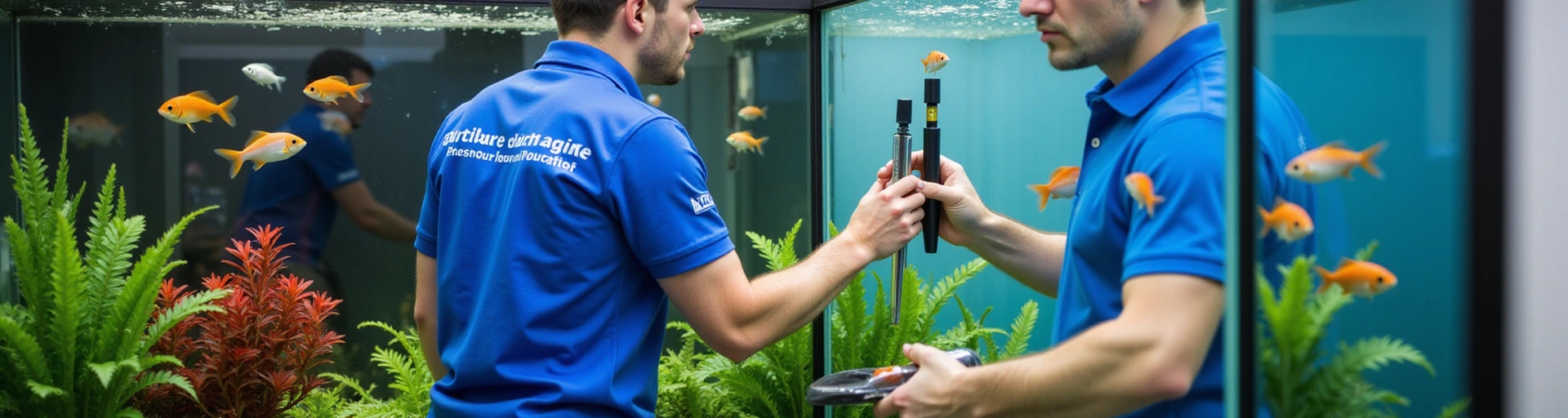 Aquarist meticulously cleaning a large, vibrant aquarium with colorful fish and healthy plants