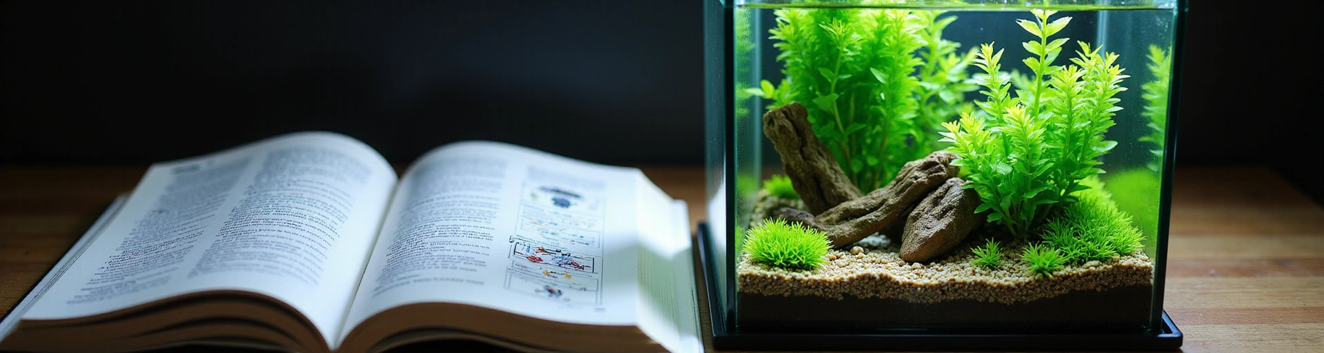 An open book next to a small, aesthetically pleasing aquarium, symbolizing learning and resources for aquarium enthusiasts.