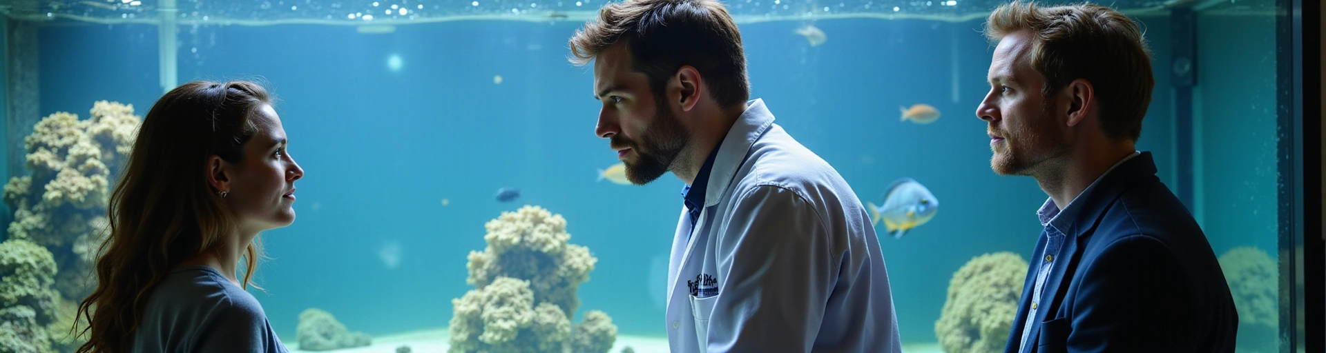 Expert aquarist examining an aquarium with a client, providing consultation