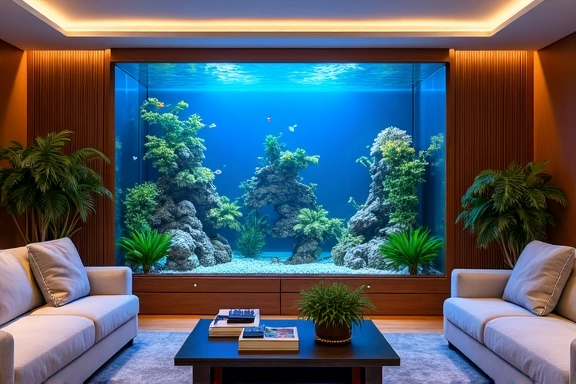 Large custom residential aquarium integrated into a living room wall
