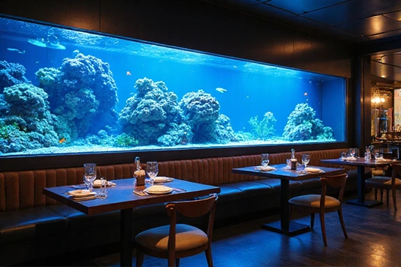 Tropical reef aquarium integrated into a restaurant dining area