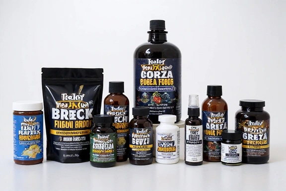 Various brands of fish food, coral foods, and water supplements