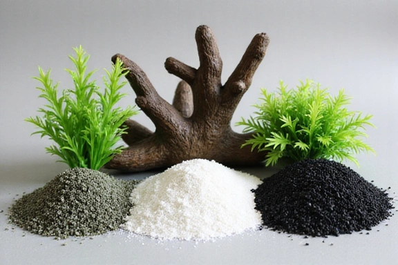 Various aquarium decorations and substrates like rocks, driftwood, and sand