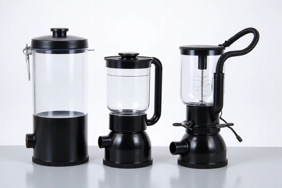 Various aquarium filters including canister, hang-on-back, and sumps