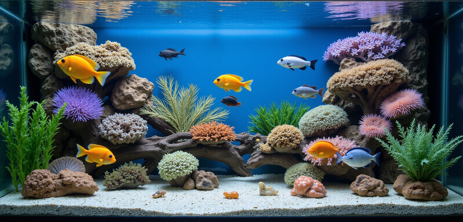 Diverse group of healthy, colorful fish and invertebrates in a well-maintained aquarium