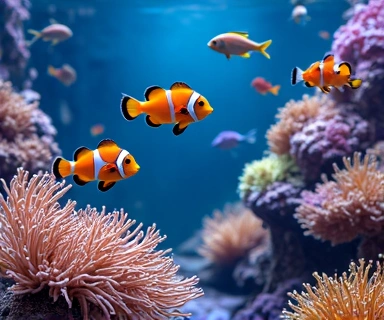 Various saltwater fish species like Clownfish, Tangs, Gobies, and Angelfish