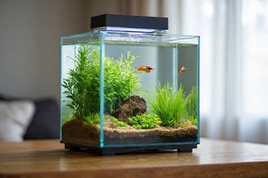 A small, stylish nano freshwater aquarium with a modern design, housing a few small fish and delicate aquatic plants. It has integrated lighting and a clean aesthetic.