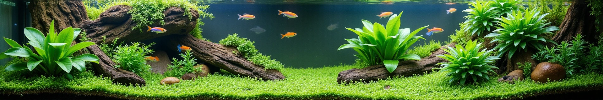 A beautifully aquascaped freshwater aquarium with lush green plants, colorful small fish, and natural rock formations, creating a serene underwater landscape.