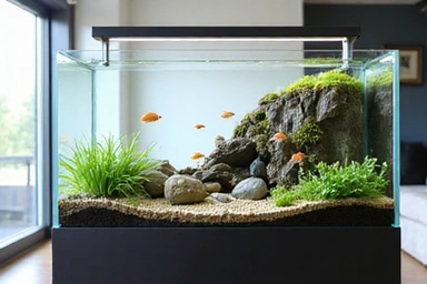 A modern, rimless freshwater aquarium with a minimalist design, featuring a clear view of a naturalistic aquascape with intricate rockwork and delicate plants. The focus is on clean lines and unobstructed viewing.