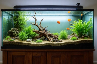 A classic rectangular freshwater aquarium, large and beautifully set up with various plants, driftwood, and schools of tropical fish. The glass is crystal clear, showcasing the vibrant ecosystem.