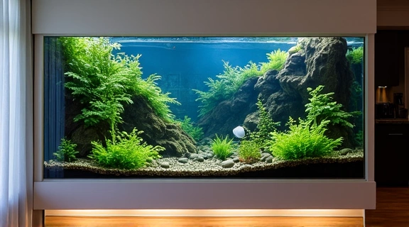 A sophisticated custom-designed freshwater aquarium integrated into a modern home's living room wall, showcasing a lush planted tank with intricate hardscaping and serene fish. The design is seamless with the interior.