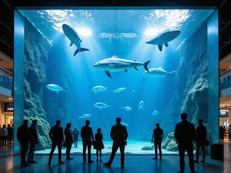 A large commercial aquarium installation in a public space, featuring a variety of large marine animals.