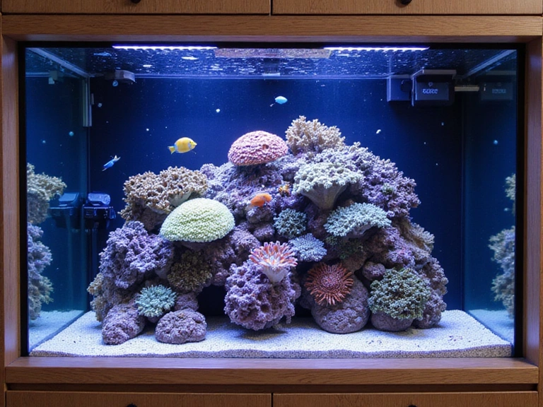 A sophisticated saltwater reef aquarium showcasing diverse corals and marine fish in a home setting.