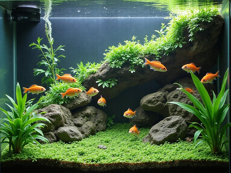 A beautifully designed freshwater planted aquarium with schooling fish and natural rock formations.