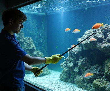 Aquarium maintenance professional cleaning a large fish tank.