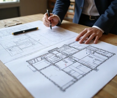 Architectural drawing of a custom aquarium design being reviewed by an expert.