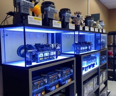 Display of high-quality aquarium equipment, including filters, heaters, and lighting fixtures.