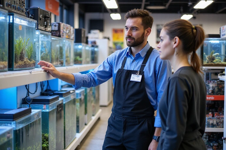 A person receiving expert advice on aquarium products