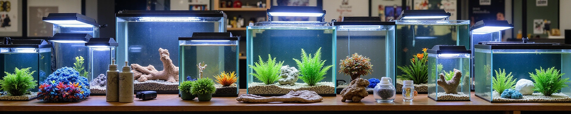 A diverse range of aquarium products including tanks, equipment, and decor