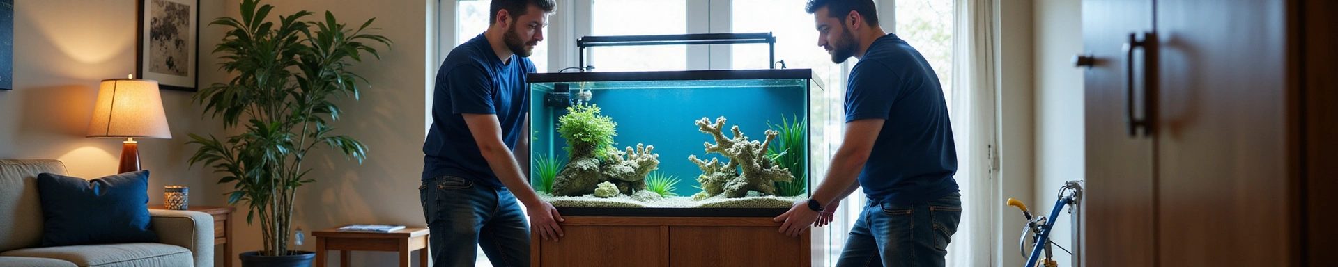 Professional team carefully preparing an aquarium for transport during relocation service