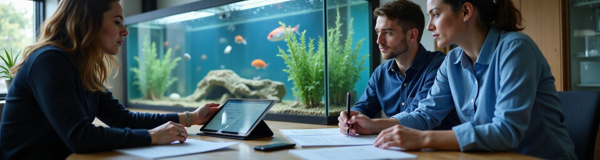 Professional discussing project details with aquarium in background