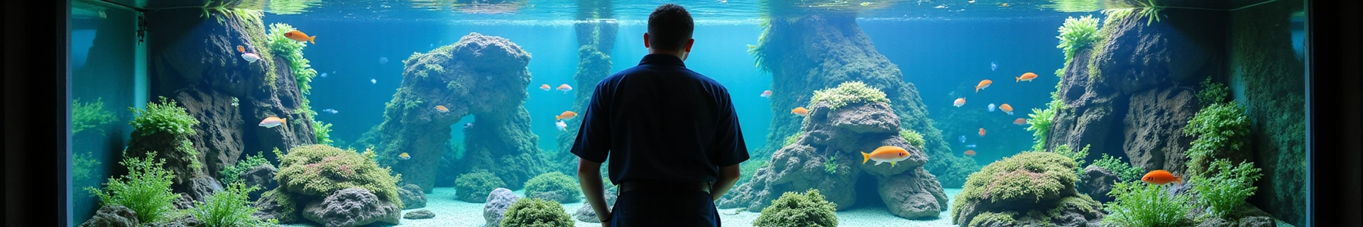 Aquarist performing maintenance on a large, beautiful aquarium