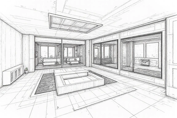 Architect's drawing or 3D render of a custom aquarium design